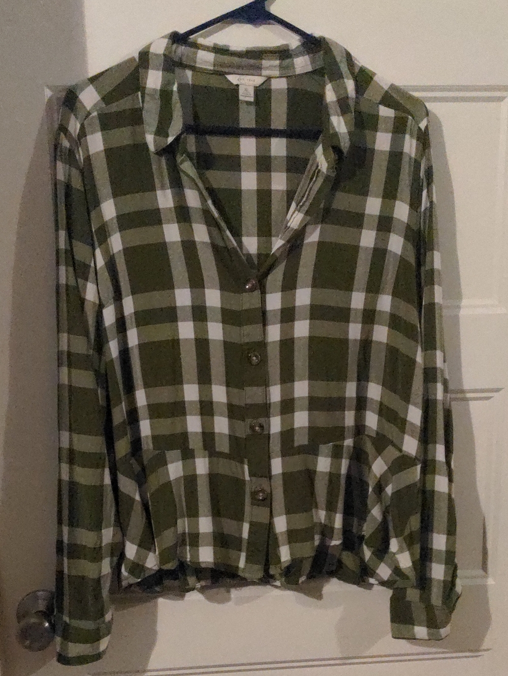 Cato Olive Green Plaid Peplum Roll Tab Sleeve Button Front Top XL